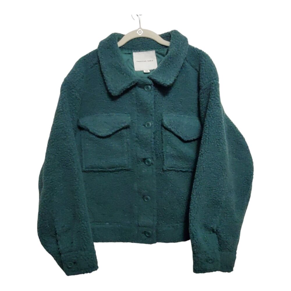 American Eagle Fleece Jacket Green Womens Size Small Pockets Lined Cropped NEW